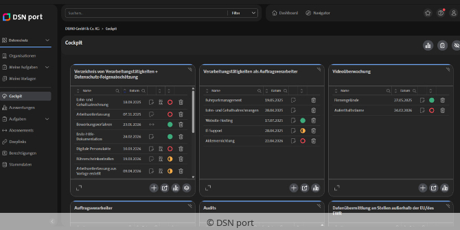Screenshot des DSN port-Cockpits im Dark MOde