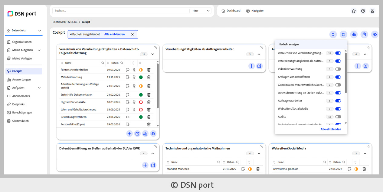 Ansicht des neuen Cockpit-Features in DSN port